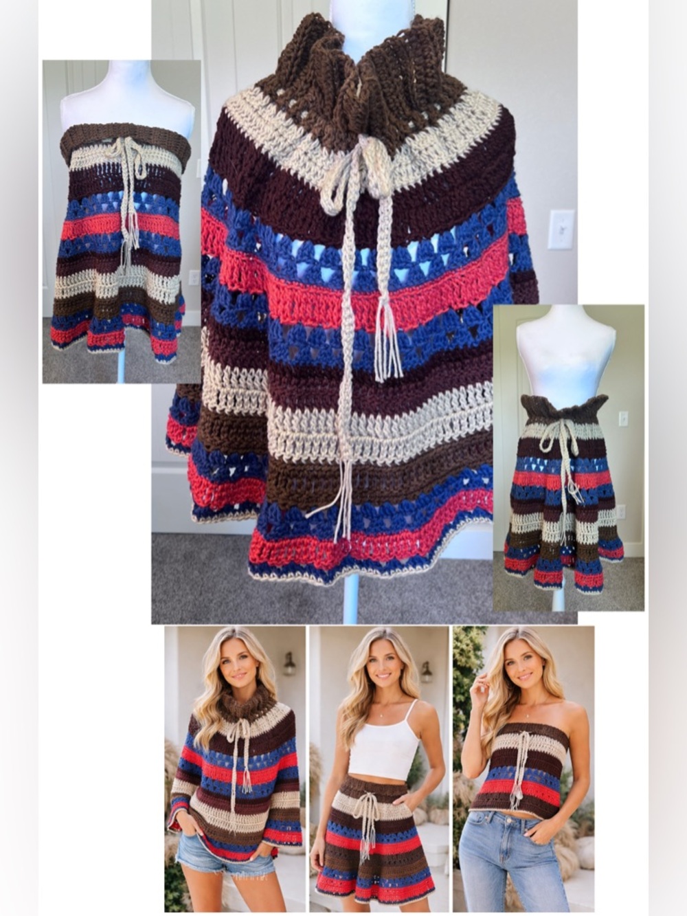 3 in 1 Hand Crocheted Skirt, Poncho, Top One Size Fits Most with Tassel Tie